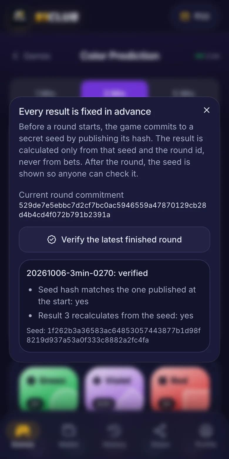 The Fair play dialog showing a finished round verified: the seed hash matches and the result recalculates from the seed.