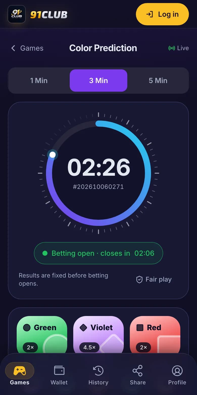 A live Color Prediction round with a countdown ring, a Betting open label and the Green, Violet and Red options.