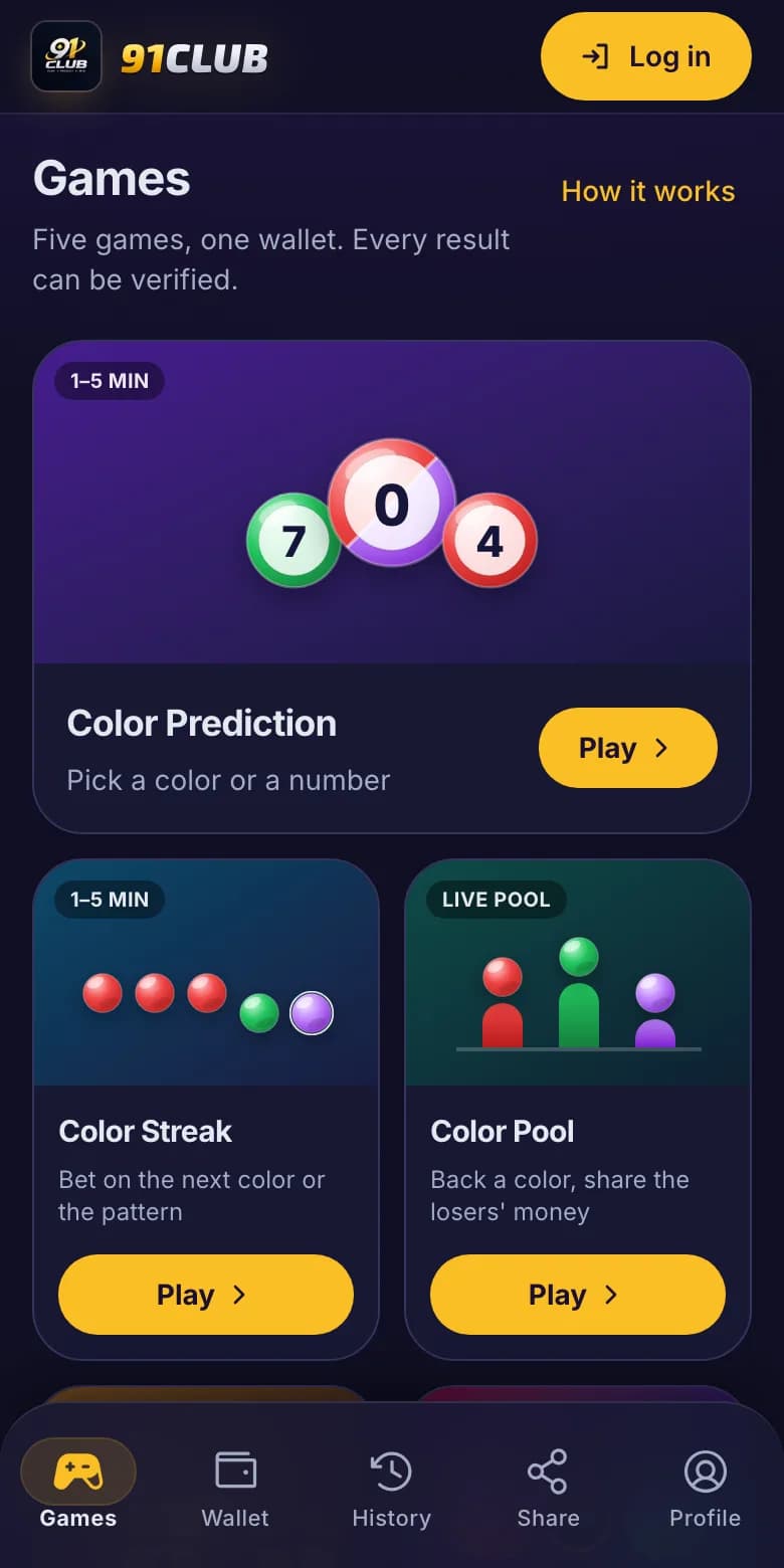 The 91club games lobby on a phone, showing Color Prediction, Color Streak and Color Pool.